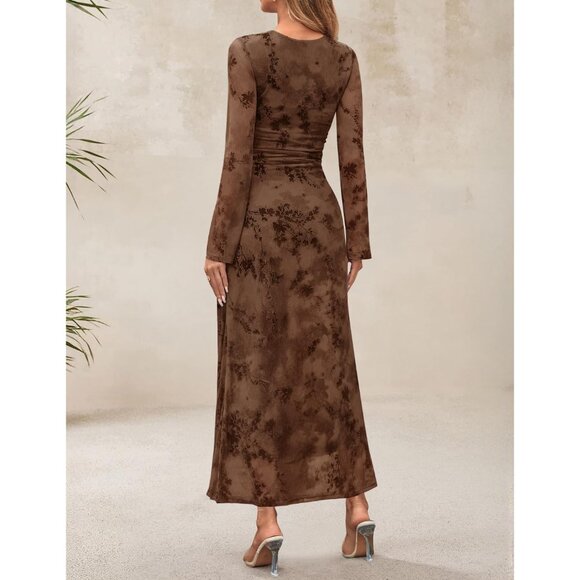 Zesica Women's Tie Dye Brown Ruched Mesh Long Sleeve Floral Bodycon Dress - Picture 3 of 5